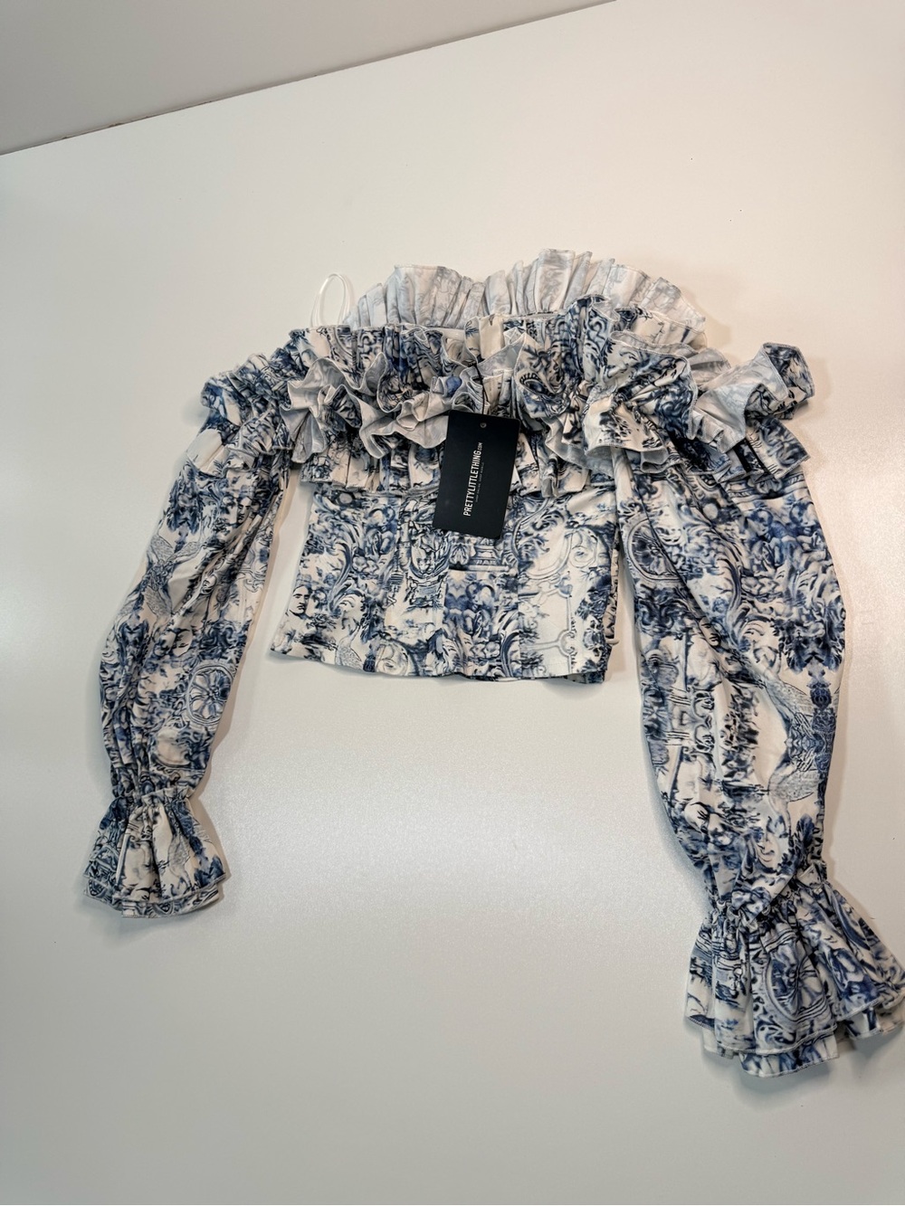 PrettyLittleThing White & Blue Ruffle Off-Shoulder Blouse - Picture 3 of 7